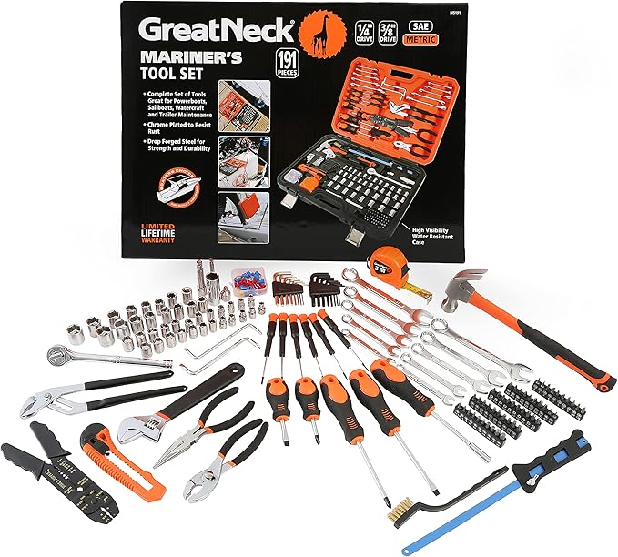 GreatNeck MS191 Mariner's Tool Set 191-Pc, Boat Tool Kit for Maintenance, Rust Resistant Boating Essentials, Includes Wrench, Socket, and Screwdriver Set