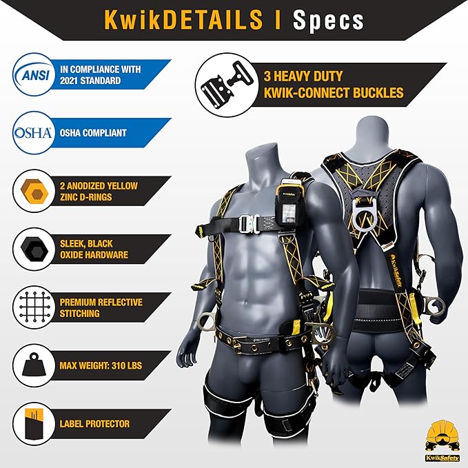 KwikSafety - TYPHOON Safety Harness [3 D-RINGS + BACK SUPPORT] Safety Harness Fall Protection Kit, 2025 ANSI Compliant