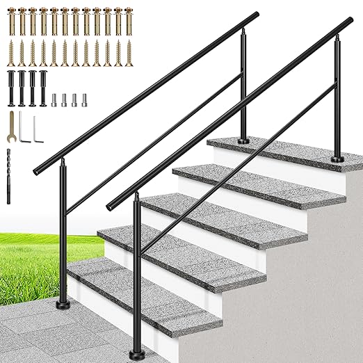 VIVOHOME 2-Pack 6 Step Hand Rails for Outdoor Steps, Galvanized Steel Railing, Black Round Exterior Handrails for Porch, Deck, or Indoor Stairs, Complete Installation Kit