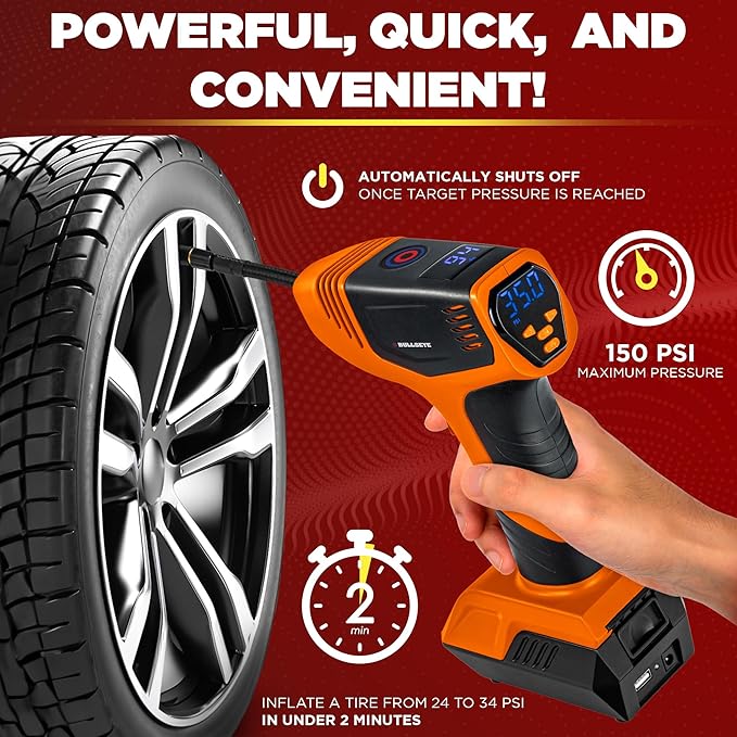 EMSON Bullseye Pro ASON TV Digital Tire Inflator Automatic 150 PSI w/Gauge Display Screen & Pre-set Pressure in KPA,PSI,BAR,Kg/cm,Built-in LED Lights,Rechargeable,Air Compressor,Car Tire Pump,Orange
