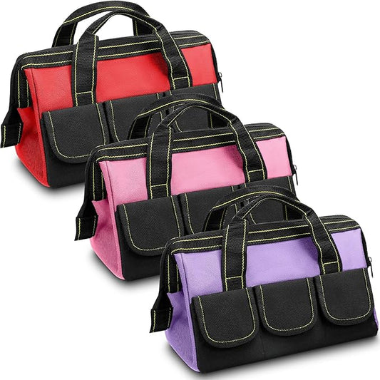 Sanwuta 3 Pack Tool Bag for Men with Waterproof Hard Bottom, Heavy Duty Tool Bag Wide Mouth Tote for Various Instrument, Electrician Carpenter Mechanic(13 Inch,Red, Pink, Light Purple)