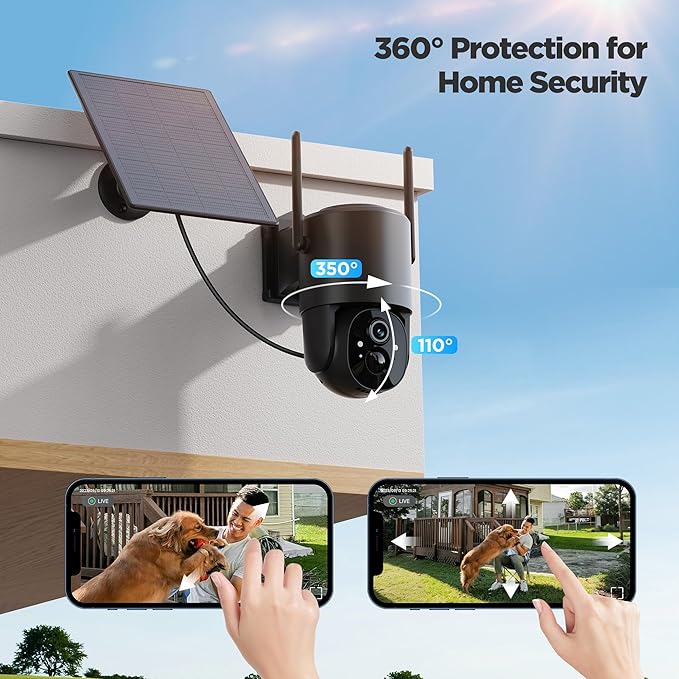 Security Cameras Wireless Outdoor Solar: Battery Cameras for Home Security WiFi Camera Outdoor Surveillance Camera PTZ 360° CCTV Cam System with Floodlight Color Night Vision PIR Sensor