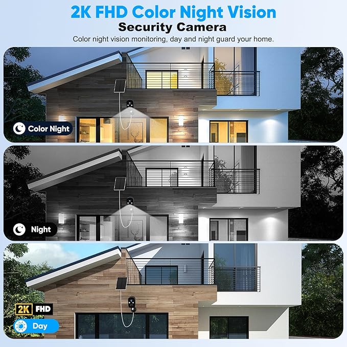 Solar Security Cameras Wireless Outdoor, 2K Solar Camera Wireless for Home, Color Night Vision, PIR Motion Detection, IP66 Waterproof, Cloud Storage/SD Card, Instant Alerts,2.4GHz WiFi (Black)