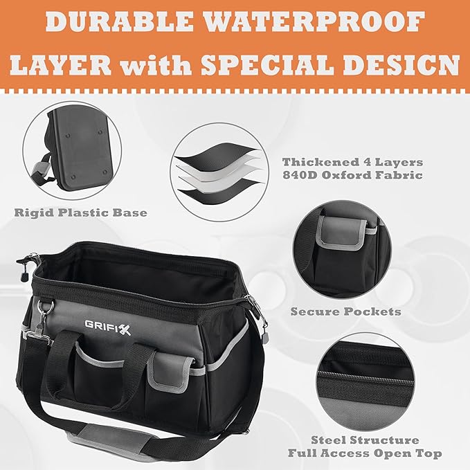 16-inch Tool Bag, Portable Tool Box Organizer Storage, Wide Mouth Tool Tote Bag with Large Zipper, 17-Pocket Adjustable Shoulder Strap and Ergonomic Handle (16" Molded Base)