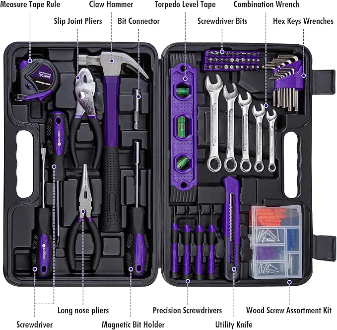 CARTMAN 152-Piece Basic Household Hand Tool Set,with Toolbox Storage Case, All Purpose Home Tool Kit Includes Essential Tools for Office College Repairs Purple