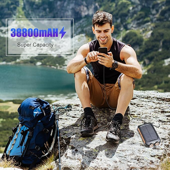 Solar Charger Power Bank, 38800mAh Portable Phone Charger with 1 Type-C & 2 USB-A Ports Built-in Dual LED Flashlight, 15W Fast Charging Waterproof Solar Panel Charger