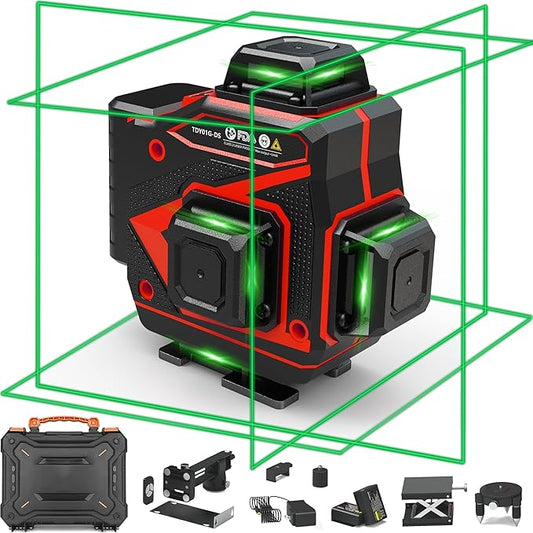Tile Laser Level 360 Self Leveling - Floor 4 x 360 Green Beam Cross Line Laser Leveler Tool - 16 Lines Ceiling Nivel Laser for Construction - Hard-Sided Case and 2 Batteries