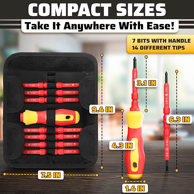 14 Tips Multi Bit Screw Driver Kit - Screwdriver Set for Various Uses, Versatile Head Types (Crosshead, Slotted, 6-Point, Square, Hexagonal), Strong Magnetic Tips and Insulated Cover, Convenient Case