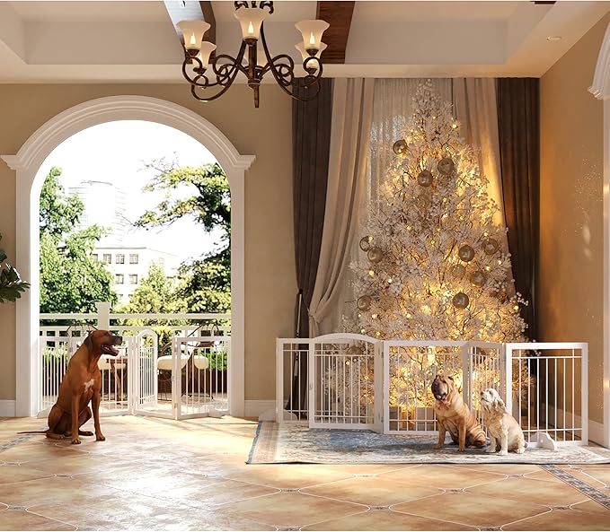 JSB 96-inch Extra Wide 30-inch Tall Dog gate with Door Walk Through, Freestanding Pet Gate for Halls, Stairs & Home, Pet Puppy Safety Dog Fence with 2PCS Support Feet (White)