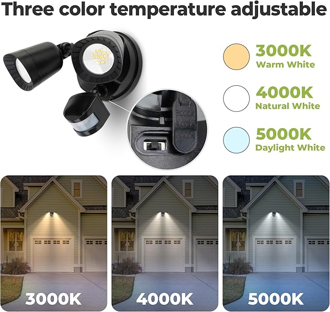 LED Motion Sensor Outdoor Light, 16W 2000LM 3000/4000/5000K Adjustable, 3CCT IP65 Waterproof Flood Lights, 3 Head Dusk to Dawn Motion Detected Security Light for Patio, Garage, Yard(Black)