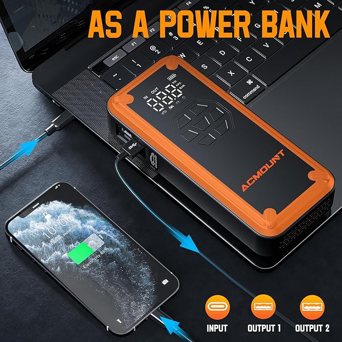 Jump Starter with Air Compressor, Acmount 5000A Car Battery Jump Starter with 150PSI Tire Inflator for Up to 9.0 Gas/8.0L Diesel, 12V Portable Jump Starter Box with LCD Display, Light (Orange)