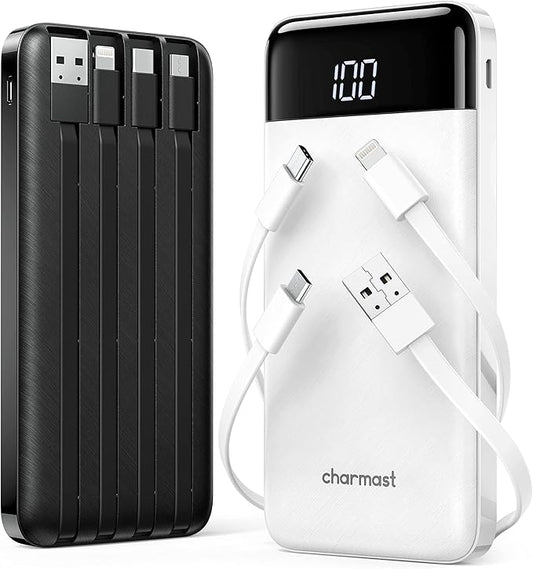 2 Packs Portable Chargers with Built in Cables, 2PCS Slim 10000mAh Travel Essentials Battery Pack 6 Outputs 3A Power Banks for iPhone Samsung Pixel LG Moto iPad