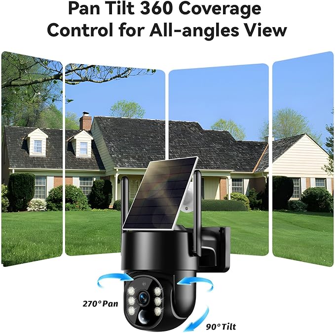 Solar Camera Outdoor Wireless, 2K Solar Outdoor Cameras for Home Security, Battery Powered Wire-Free 5g WiFi Camera, 360° View PTZ, Motion Detection Alerts, Spotlight Siren Alarm, Color Night Vision