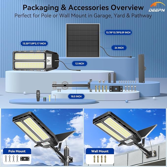 Deepn Solar Lights Outdoor 7000W, Solar Street Light IP67 Waterproof Dusk to Dawn 300000 Lumens LED Security Flood Lights with Motion Sensor and Remote Control for Pathway, Patio & Yard