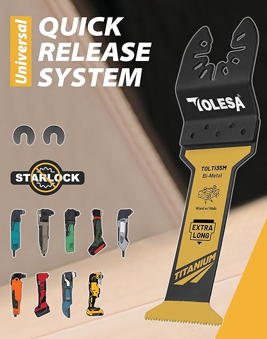 TOLESA 16pcs Extra-Long Titanium Oscillating Tool Blades, Oscillating Saw Blades for Metal, Oscillating Tool Blade Metal, Multi Tool Blades for Wood with Nails, Screws, Plastic Cutting