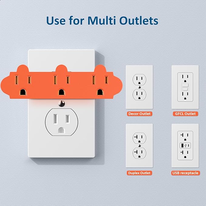 ETL Listed 3 Outlet Grounding Adapter, BTU Three Plug Outlet Adapter Splitter, Heavy Duty Grounded Power Tap, 3-Prong Outlet Adapter, Multi-Plug Extender, Orange (Pack of 3)