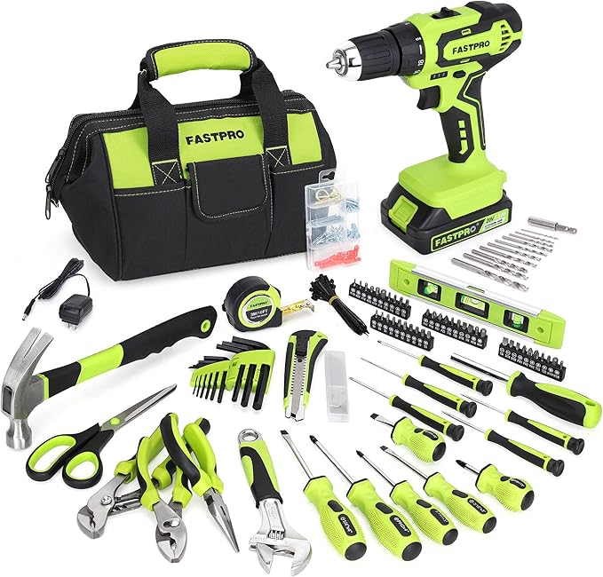FASTPRO 232-Piece 20V Cordless Lithium-Ion Drill Driver & Home Tool Set, Household Repairing Tool Kit with Drill, 12-Inch Wide Mouth Storage Tool Bag, Green