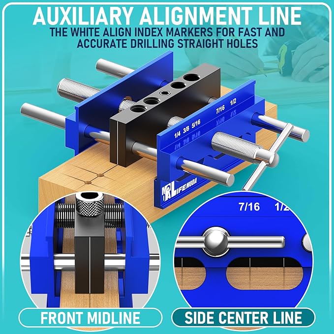 Upgraded 6.7 inch Self Centering Doweling Jig Kit, Drill Jig For Straight Holes Biscuit Joiner Set With 6 Drill Guide Bushings, Adjustable Width Drilling Guide Tool Accessory Jigs (Blue)