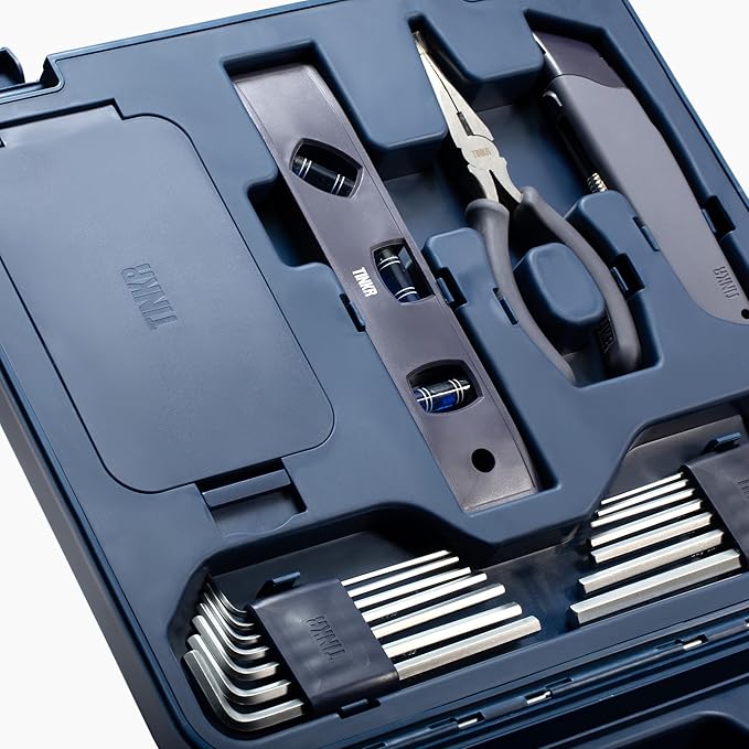 TINKR Modern Tool Box Workstation – Full Tool Set with Hammer, Ratchet Screwdriver, Allen Keys, Wrench, Knife, Tape Measure, Level, Pliers & Phone Holder