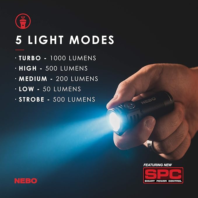 NEBO Torchy Rechargeable Pocket Flashlight | 1,000 Lumens, 5 Light Modes, Magnetic Base & Steel Clip, Water Resistant, LED Mini Flashlight for EDC & Camping, Includes Charging Cable