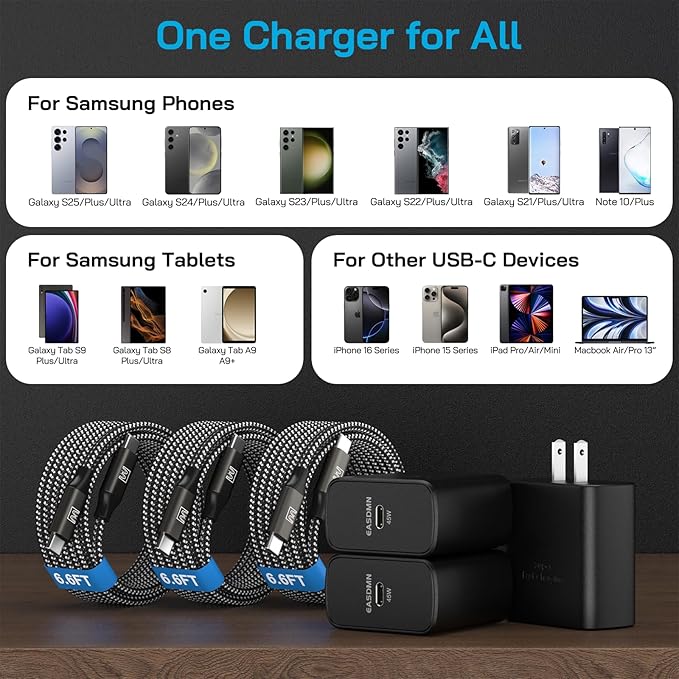 45W Super Fast Charger Type C, [3 Pack] 45 Watt USB-C Charger PD/PPS Wall Charging Block for Samsung Galaxy S25 Ultra/S25+/S25/S24/S23 Ultra/S23+/S22 Ultra/S22+/S20 Ultra, Tab S8(with 3X 6.6ft Cable)