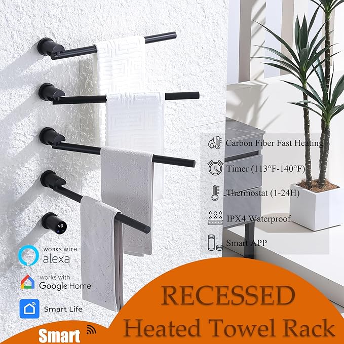 Electric Towel Warmer Concealed Smart, 75W Swivel Heated Towel Rack for Bathroom, Built-in Modular Electric Towel Rack with Timer, Thermostat, LED Display, APP, 4 Bar 180° Rotation, Hardwired, Black