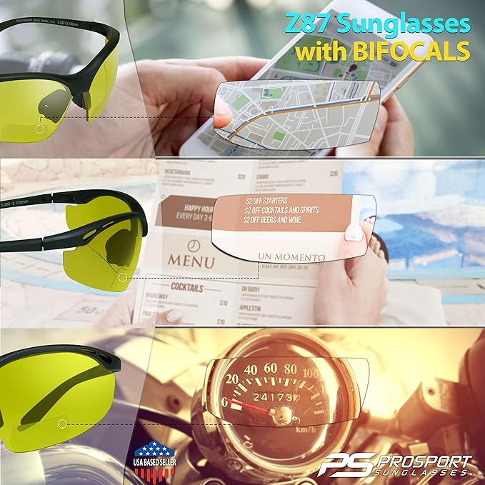 proSPORT Bifocal sunglass Safety Reader Z87 Wrap Around No Slip Grip +1.50 +2.00 +2.50 +3.00