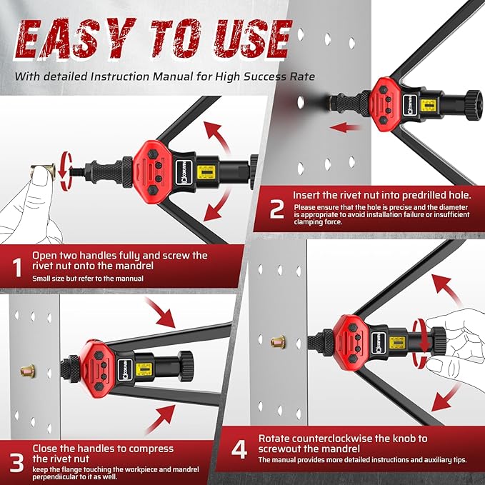 16" Rivet Nut Gun with Stroke Adjustment - 15 Metric and SAE Mandrels (M3-M12 & to 1/2") + 4 Pieces M6 Mandrels - 200 Threaded Nuts (100 Each) in Storage Boxes - Portable Blow Molded Case