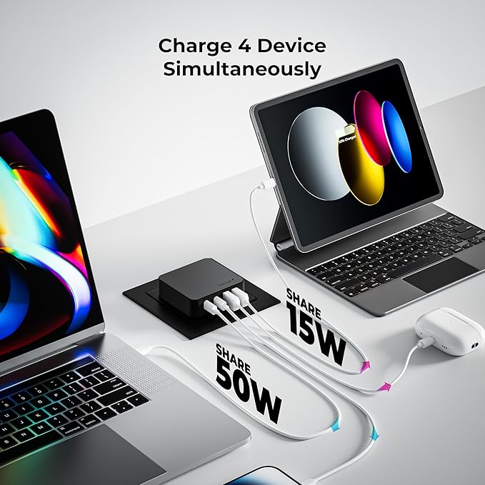 Nekmit 65W USB C Charger Block, 4 Port Flat Wall Charger with USB C and USB A, Multiport GaN Fast Charger for iPhone 16/15/14 Pro Max, iPad Pro, MacBook Pro/Air, AirPods, Galaxy and More, Black