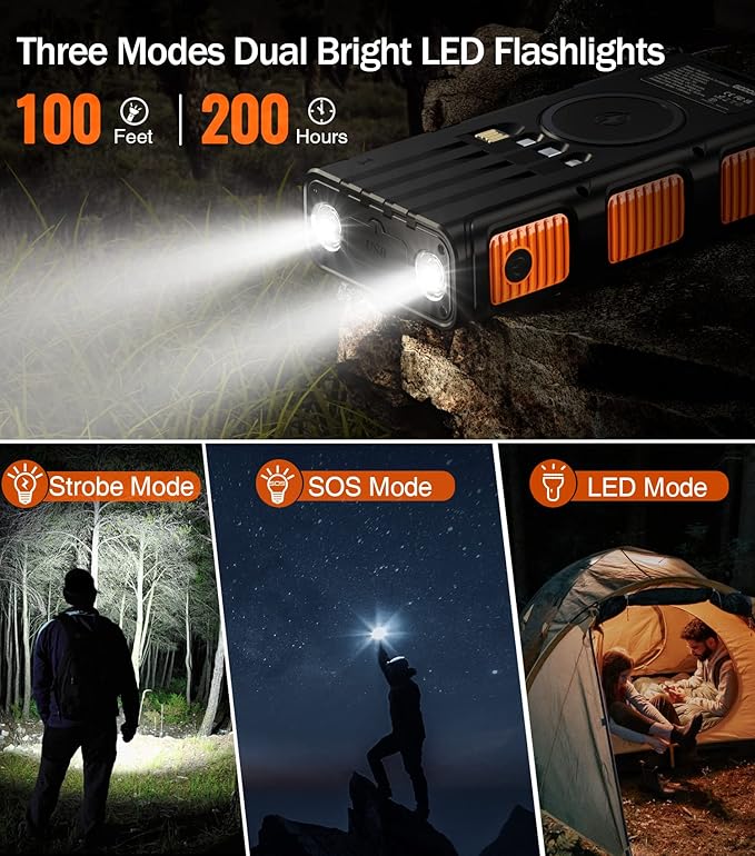 GOODaaa Power Bank Wireless Charger 45800mAh Built in Hand Crank and 4 Cables 15W Fast Charging Power Bank 7 Outputs & 4 Inputs Solar Portable Charger, SOS/Strobe/Strong Flashlights, Compass