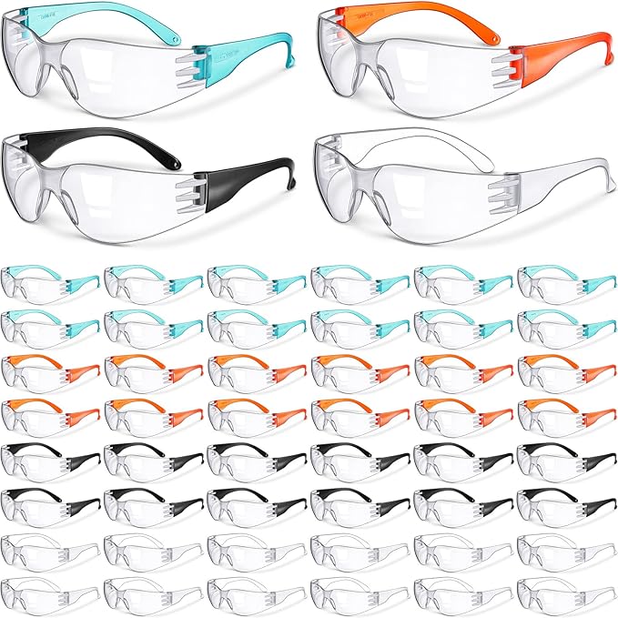 Weewooday 48 Pairs Clear Safety Glasses Bulk for Women Men Anti Fog Safety Goggles Eye Protection Impact Scratch Resistant Protective Eyewear for Work Lab Construction Carpentry Shooting, 4 Colors