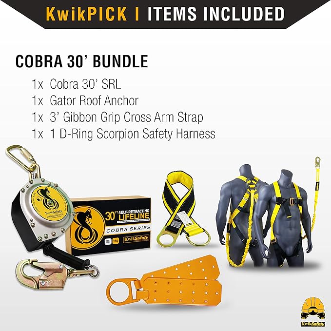 KwikSafety - Charlotte, NC - Cobra 30' Bundle [Cable Self Retracting Lifeline + 3FT Cross Arm Strap + Roof Anchor + 3 D-Ring Safety Harness] ANSI OSHA Class 1 Retractable SRL Fall Arrest PPE