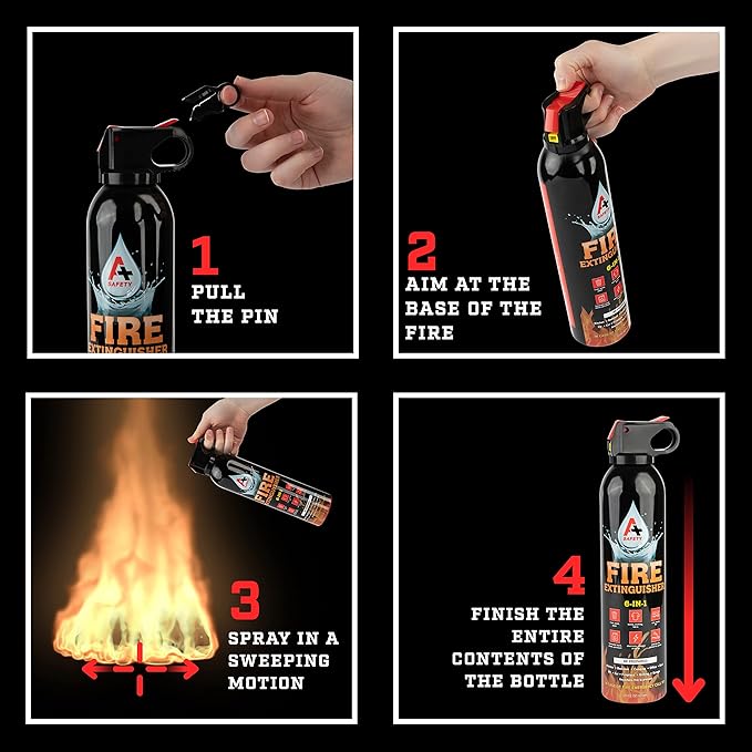 A+ Safety Portable Fire Extinguisher | 6-in-1 Small Fire Extinguisher for Home, Garage, Kitchen, Car | For Electric, Textile and Grease Fires | Non-Toxic, Easy Clean | Wall Mount Incl (4PK)