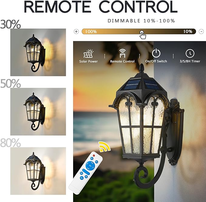 Emliviar Exterior LED Solar Wall Sconce with Remote Control, 24'' Front Door Wall Lantern with Water Glass Shade, Waterproof Solar Black Wall Light with E26 Bulb, YXE302MB-SL BK