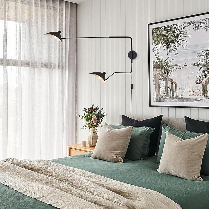 67" Mid-Century Wall Sconce Plug in with Adjustable 2-Arms, Matt Black Wall Lights with On/Off Cord for Bedroom, Living Room, Dining Room 2-Light