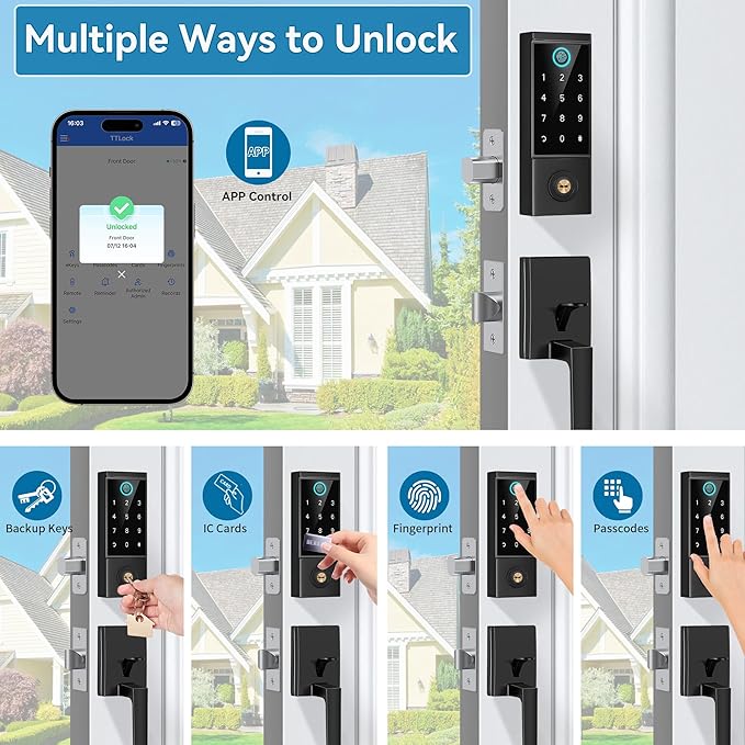 BEBASIA Smart Door Lock with Front Door Handle Set, Heavy Duty Fingerprint Handleset, Keyless Entry Smart Deadbolt for Front Door, Bluetooth Keypad Digital Lock Black