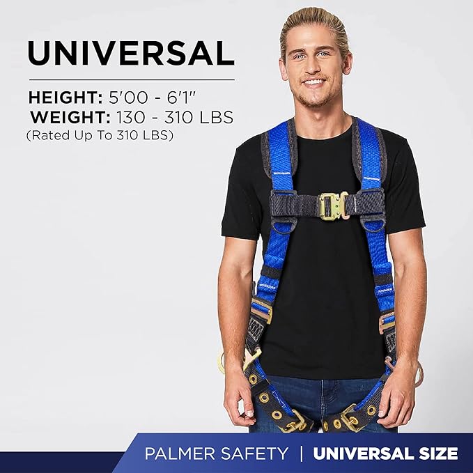 Palmer Safety Full Body Harness with 5 Point Adjustment, Dorsal D-ring, Grommet Legs, Two Side D Rings, and Fall Indicators