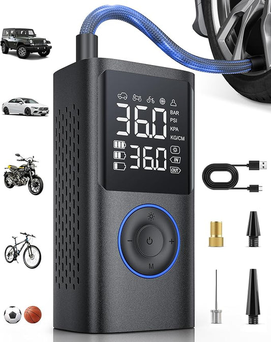 Tire Inflator Portable Air Compressor, 150 PSI Cordless Bike Pump, Air Pump for Auto, Motorcycle, Bicycle, Balls with Pressure Gauge, LED Light & Car Accessories, Blue, Medium