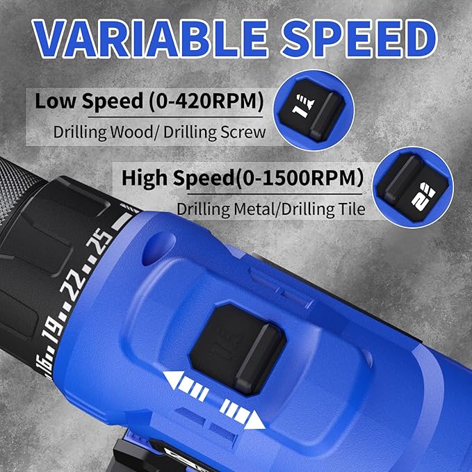 20V Cordless Drill/Driver Set,Electric Power Drill Kit with Battery& Charger, 1/2inch Keyless Chuck,2 Variable Speed,25+1 Torque Setting, 400 inch-lbs with LED Power Drill Kit