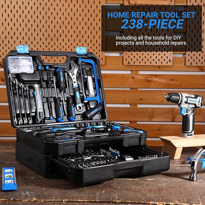 Tool Set: Tool Kit with 12V Cordless Drill, Hand Toolbox with storage case, Mechanic Tool set for Home Repairs, Blue