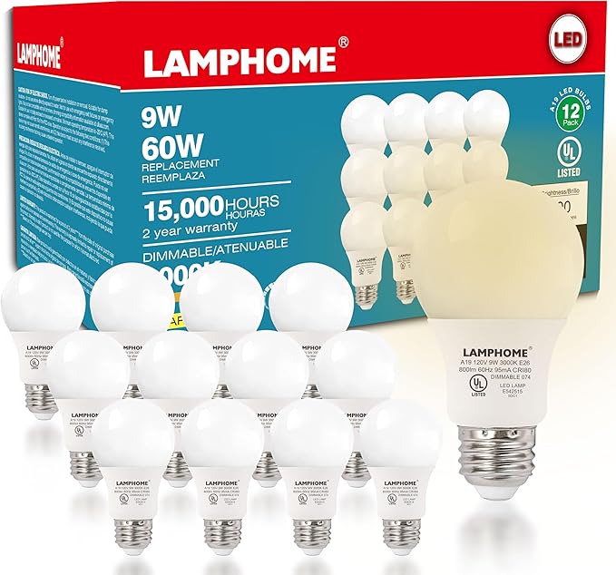 12-Pack Neutral White LED Bulbs - Perfect for Bedroom & Living Room, 60W Equivalent, 3000K, 9W, 15000-Hour Life, E26 Base