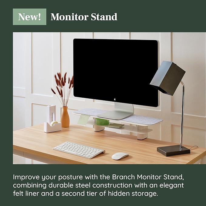 Branch Monitor Stand - Elegant, Durable Powder-Coated Steel Stand with Soft Felt Liner - Large Monitor Riser Second Tier Storage - Installs with a Universal Clamp for Ergonomic Workspace - White