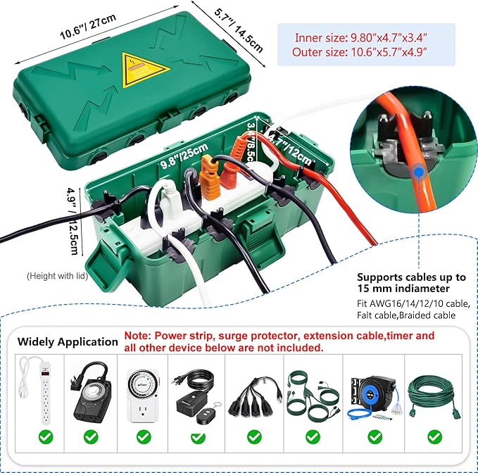 Hrensaw Medium Outdoor Electrical Box(10.6x5.7x4.9inch),Weatherproof Connection Box w/6 Cable Entry,IP54 Waterproof Extension Cord Cover Protect Power Strip,Timer,Plug,Holiday Lights,Green