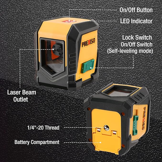PREXISO Laser Level with Tripod, 65Ft Self Leveling Cross Line Laser Level, Green Line leveler Tool for Hanging Picture, Floor Tile, Home Renovation with LED Indicator & 2 AA Batteries (360°Clamp)