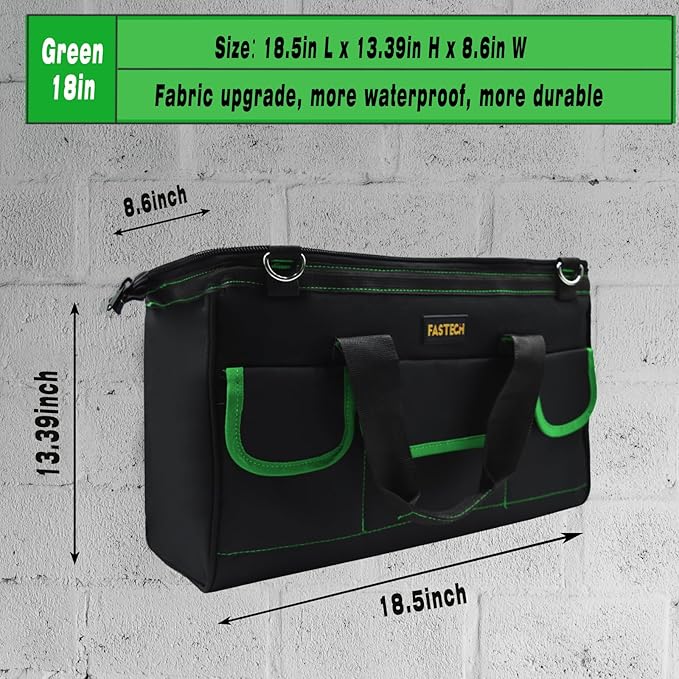 18 Inch Tool Bag With Comfortable Shoulder Straps, Waterproof Wide Mouth Tool Kit, Tool Storage Package For Men/Women (18IN Green)