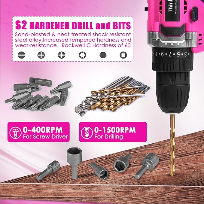 Tool Kit with 20V Cordless Drill(265in-lbs), Pink Drill Set for Women, Lady's Home Tool Kit for DIY, Daily Repair Tool Set as a Creative Gift with a Large-Capacity Tool Storage Bag