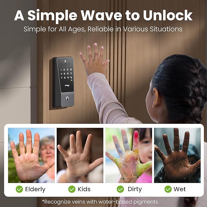GHome Smart Door Lock with WiFi, Palm Vein Smart Locks for Front Door, 5 in 1 Keyless Entry Door Lock, Alexa Control, Auto Lock, Built-in WiFi, Rechargeable Battery, Smart Deadbolt.