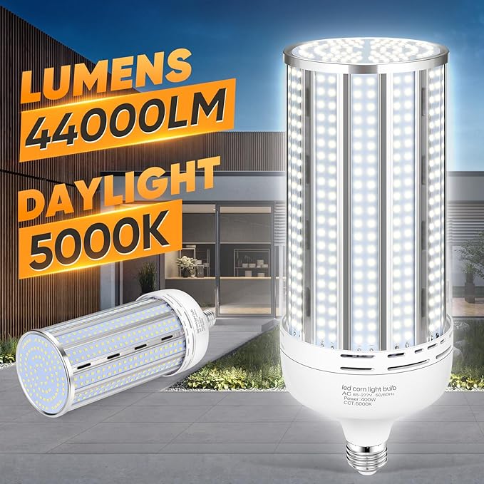 2 Pack 400W Corn LED Light Bulb Fanless,5000K Daylight(Eqv.1,200w Mh/Hps/Hid) Non-Dimmable E26/E39 Large Mogul Base LED Cob Lamp 57,000LM for Garage Warehouse Factory Workshop Street Backyard