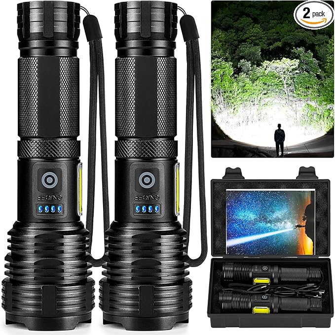 Flashlights LED High Lumens Rechargeable, High Lumen Super Bright Flashlight, USB Fast Charging High Powered Flash Light, Powerful IPX7 Waterproof Handheld Flashlights for Home,Camping(2 Pack)