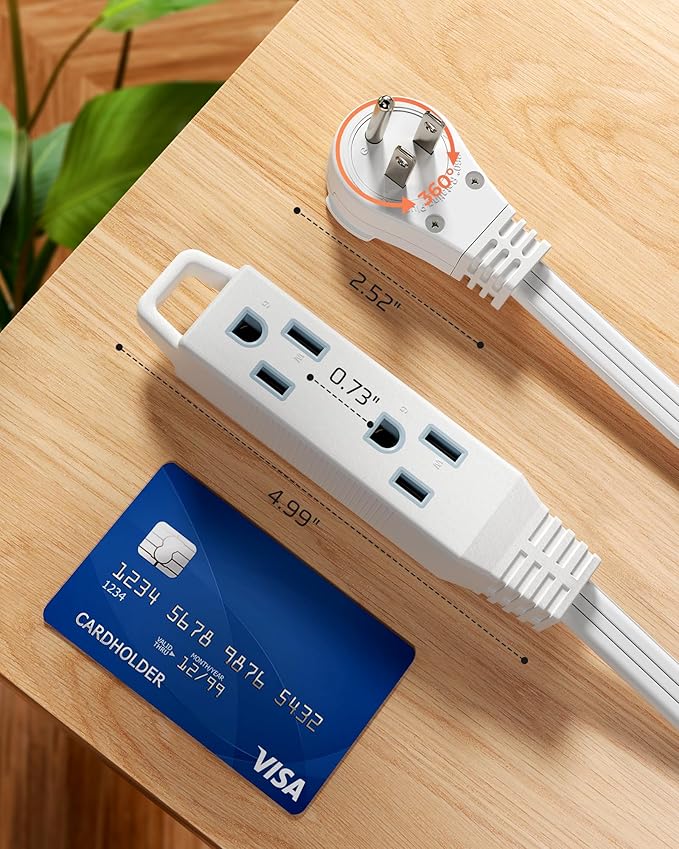DEWENWILS 10FT Flat Plug Extension Cord, 3 Prong Ultra Thin Power Strip, 360° Rotating Plug, 13A/125V/1625W, 16 Awg Grounded Flat Power Cable for Indoor Narrow Space, SPT-3, ETL Listed, White